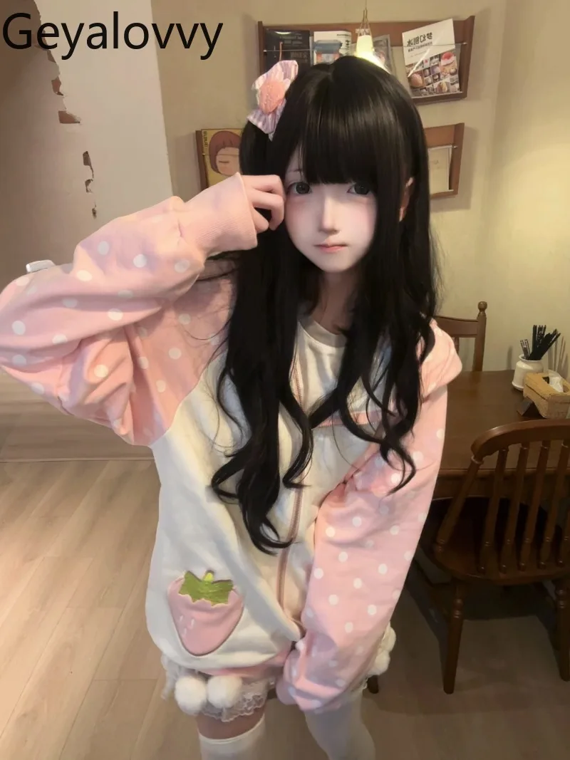 Original Japanese Style Pink Polka Dot Long Sleeve Sweatshirt Jacket Spring Autumn New Sweet Cute Women's Hooded Zipper Hoodies