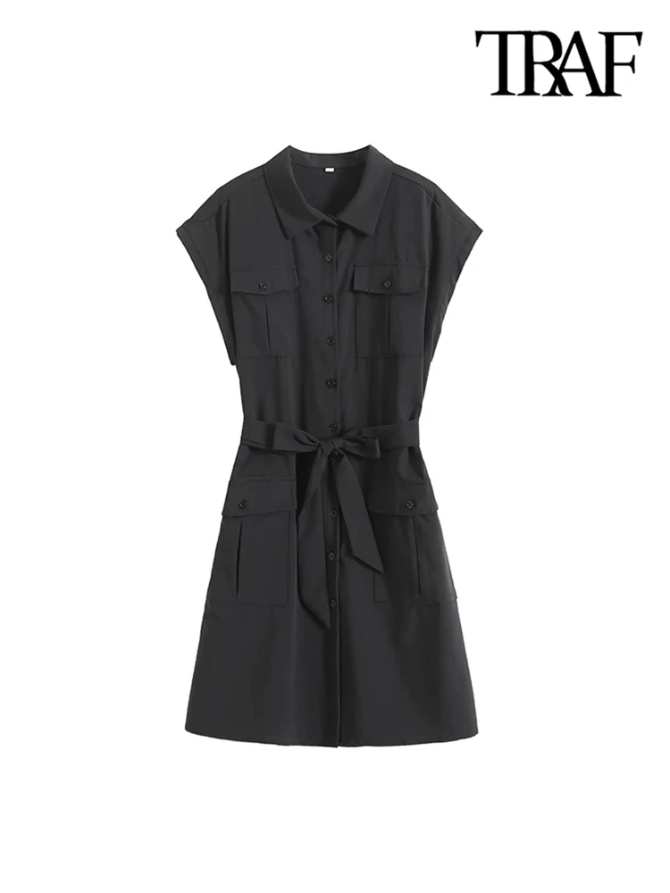 TRAF-Women's Mini Dress with Belt, Front Patch Pockets, Lapel Collar, Button-up, Female Dresses, Chic Fashion