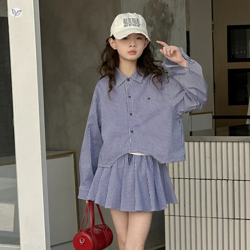 Girls' plaid suit2026New autumn collection for older children: short shirts, tops, pleated skirts, and short skirts for children