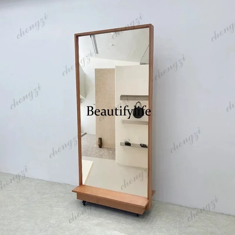R clothing store fitting,   solid wood frame floor-to-ceiling movable mirror, women's clothing store fitting, ultra-white mirror