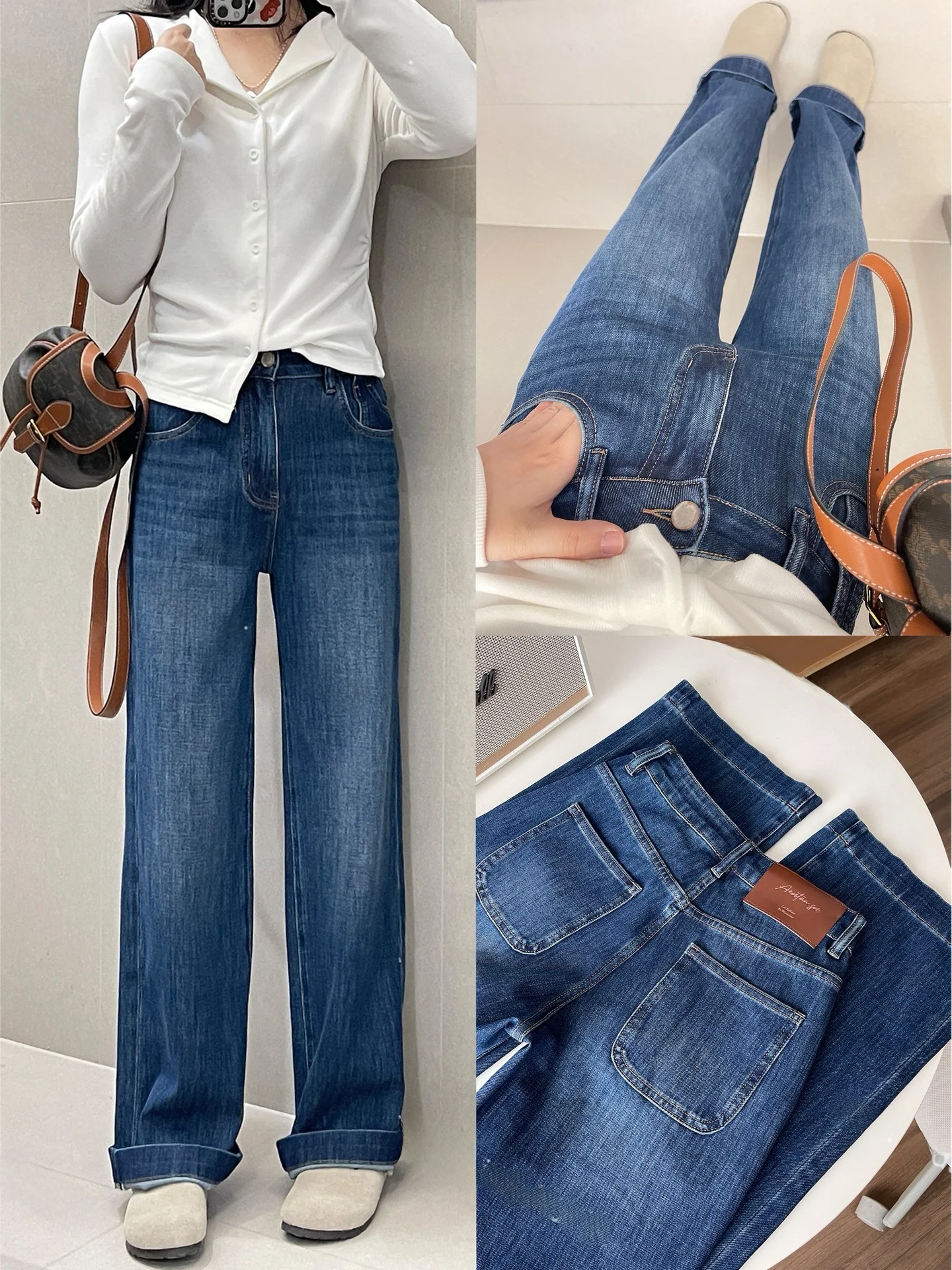 

Женские джинсы с высокой талией, прямые, облегающие, в пол, эластичные, на резинке, весна-осень, глубокие цвета, нейтральные, водоотталкивающие