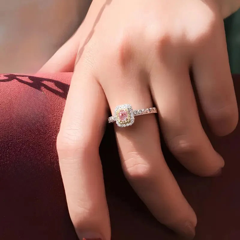 S925 Sterling Silver Princess Square Diamond Ring Heavy Industry Two Tone Pink Diamond Elegant Jewelry For Women