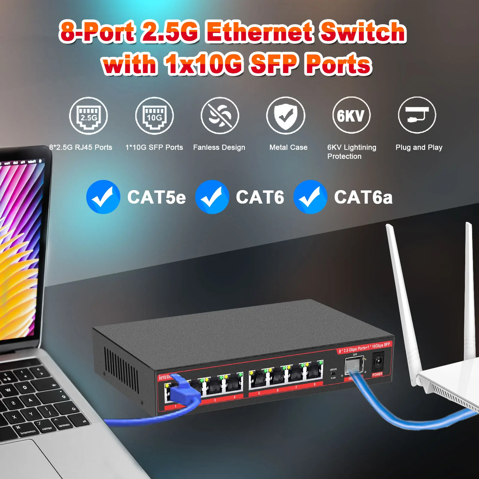 2.5G 8 Port Gigabit Switch Ethernet Switch 2500Mbps RJ45 Network Switch 10G SFP Home Lab Hub Internet Splitter Plug and Play