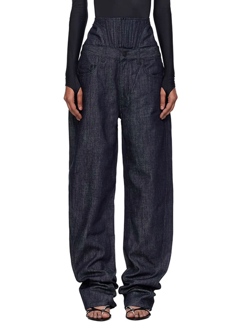 

Женские джинсы Modphy, зима 2029, новая мода, дизайн «рыбий кости», широкие брюки с высокой талией, джинсовые синие