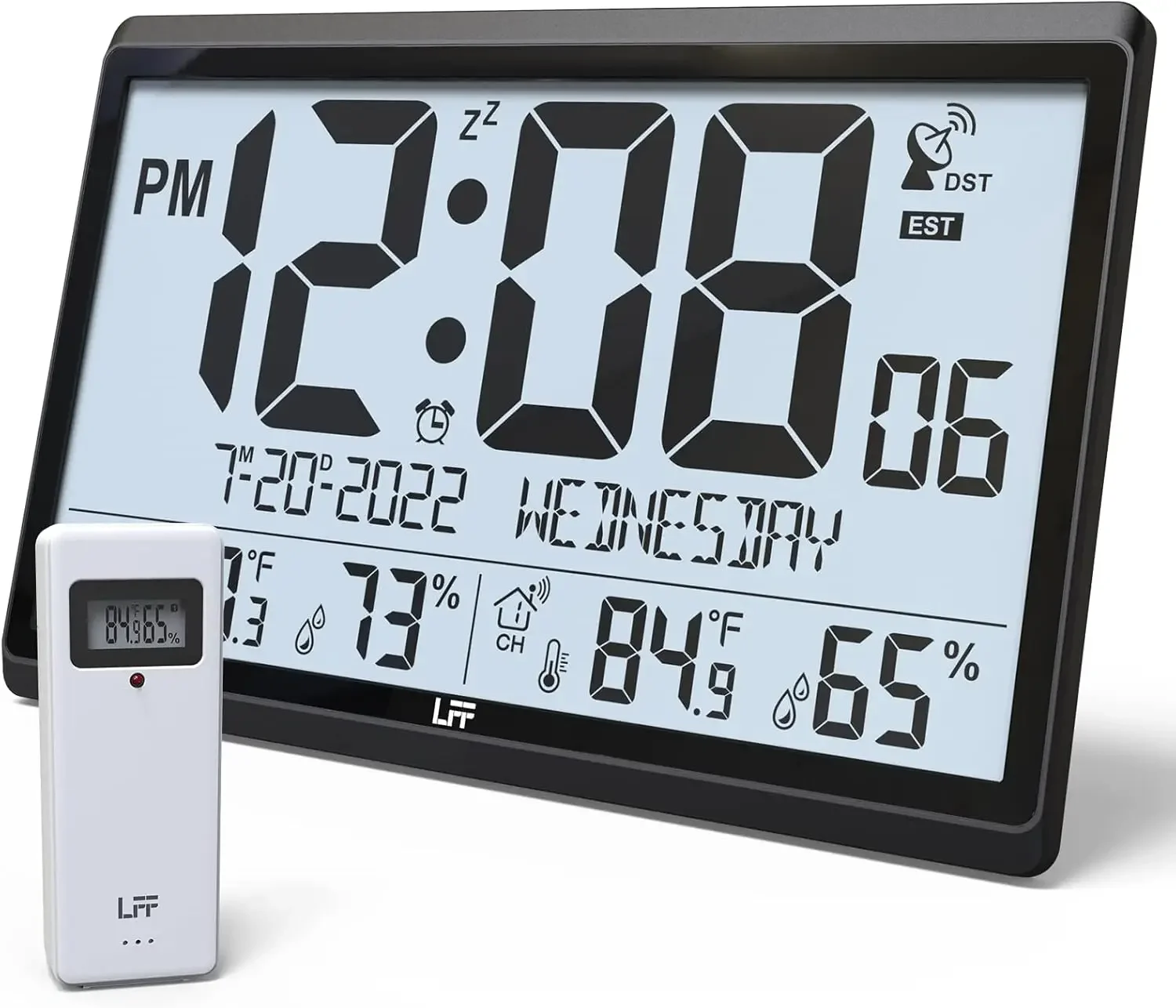 Clock/Never Needs Setting, Battery Operated, Atomic Wall Clock with Indoor/Outdoor Temperature & Humidity, Wireless Outdo