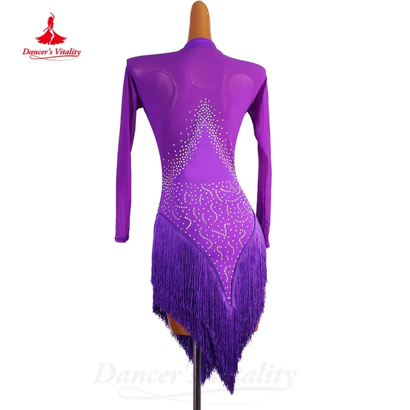 Disfraces de baile latino para adultos y niños, vestido de borla de diamantes de imitación, manga larga, personalizado, Tango, Chacha, Samba, vestidos de competición