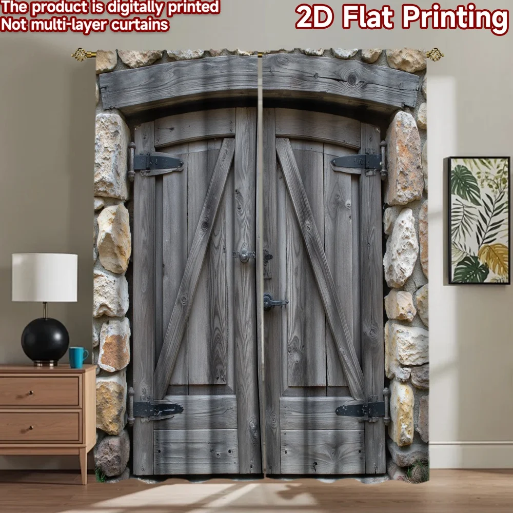 2D flat 2pcs Curtain French Romantic Style Rustic Wooden Double Door Durable polyester fiber Festive Wall Decor for Home Decor