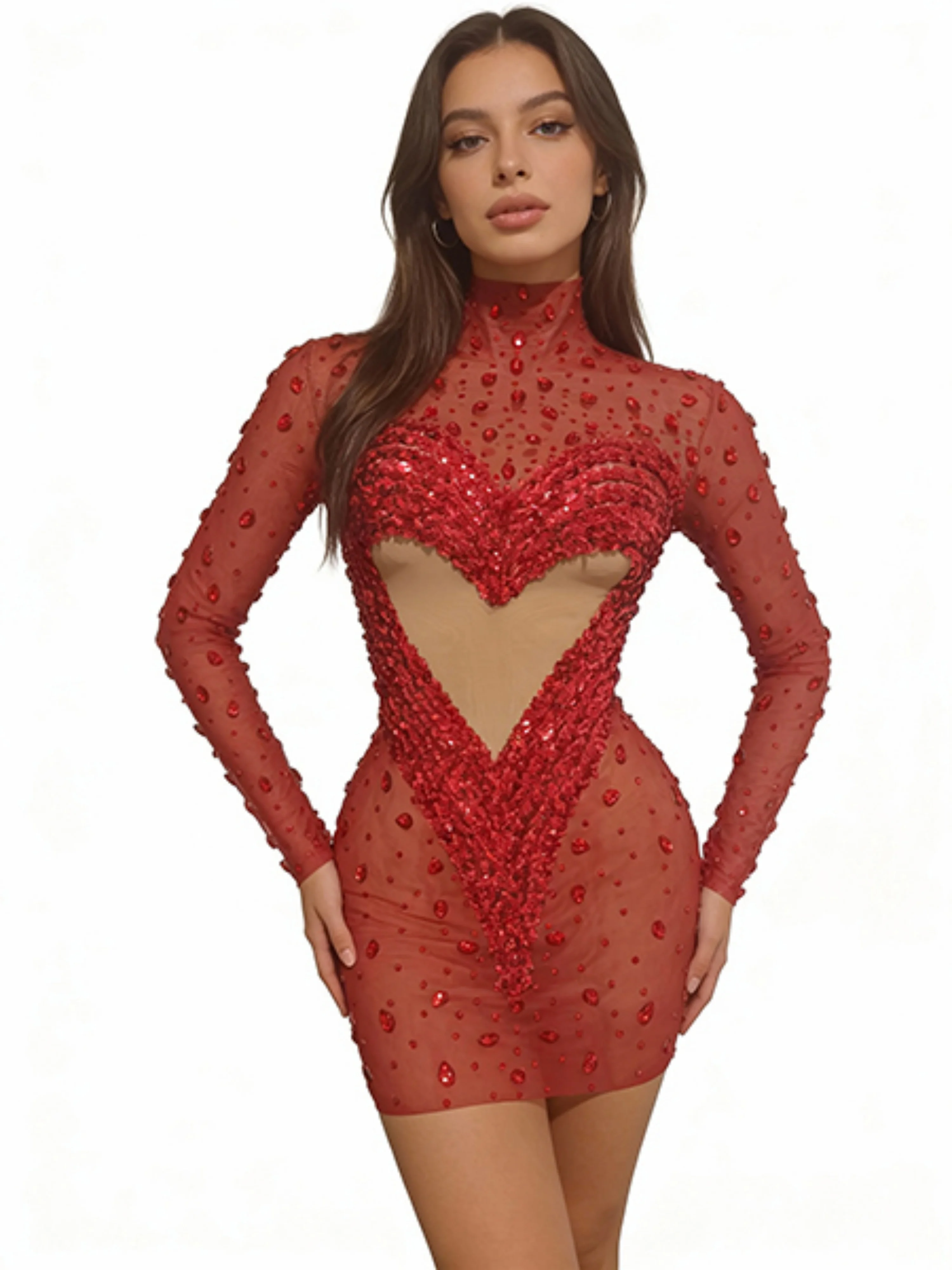Abito sexy con paillettes rosso con ritaglio a cuore Abito da donna con maniche lunghe in rete trasparente con perline scintillanti Decorazione per feste con data a tema