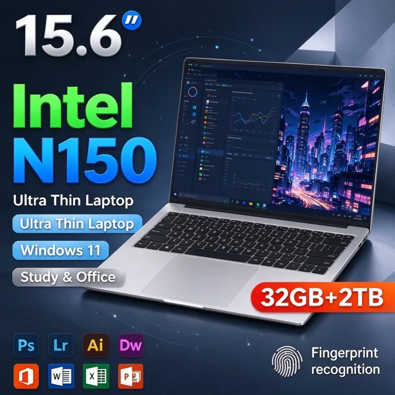 Intel N150 15.6 Inch Laptop 32GB RAM 1TB/2TB SSD Windows 11 Fingerprint Unlock Lightweight Office Gaming Notebook For Home Study