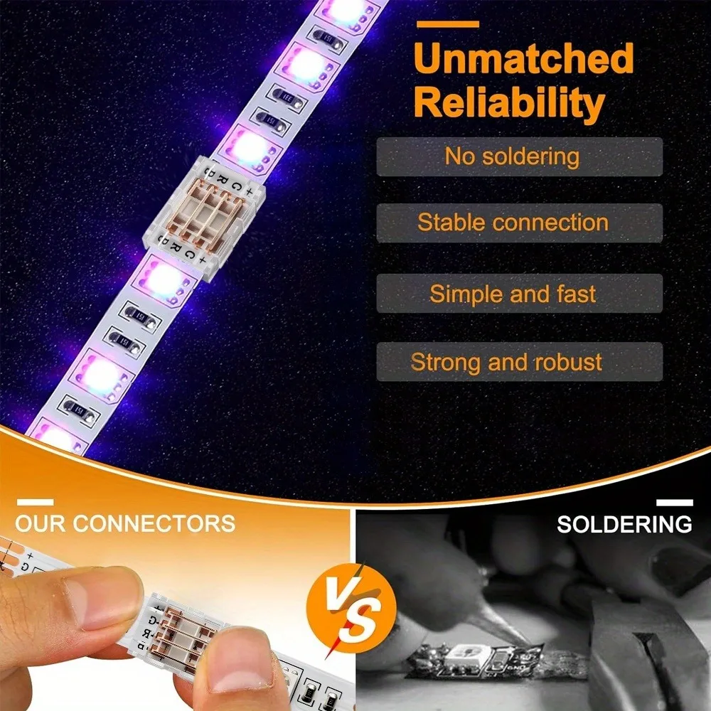 10/20/50pcs 4Pin LED Strip Connectors for 8/10mm Wide RGB LED Strips,No Soldering&Wiring, Easy Splice SMD5050 Multi-Color Strips