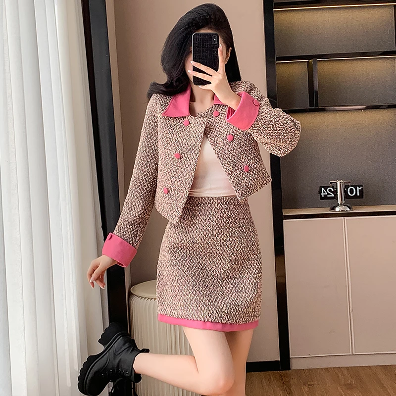 Blazer Mini Skirts Suits Women Short Two Piece Set Autumn Pink Slim Tweed Jacket Half Skirt Female Two-Piece Sets Party Clothing