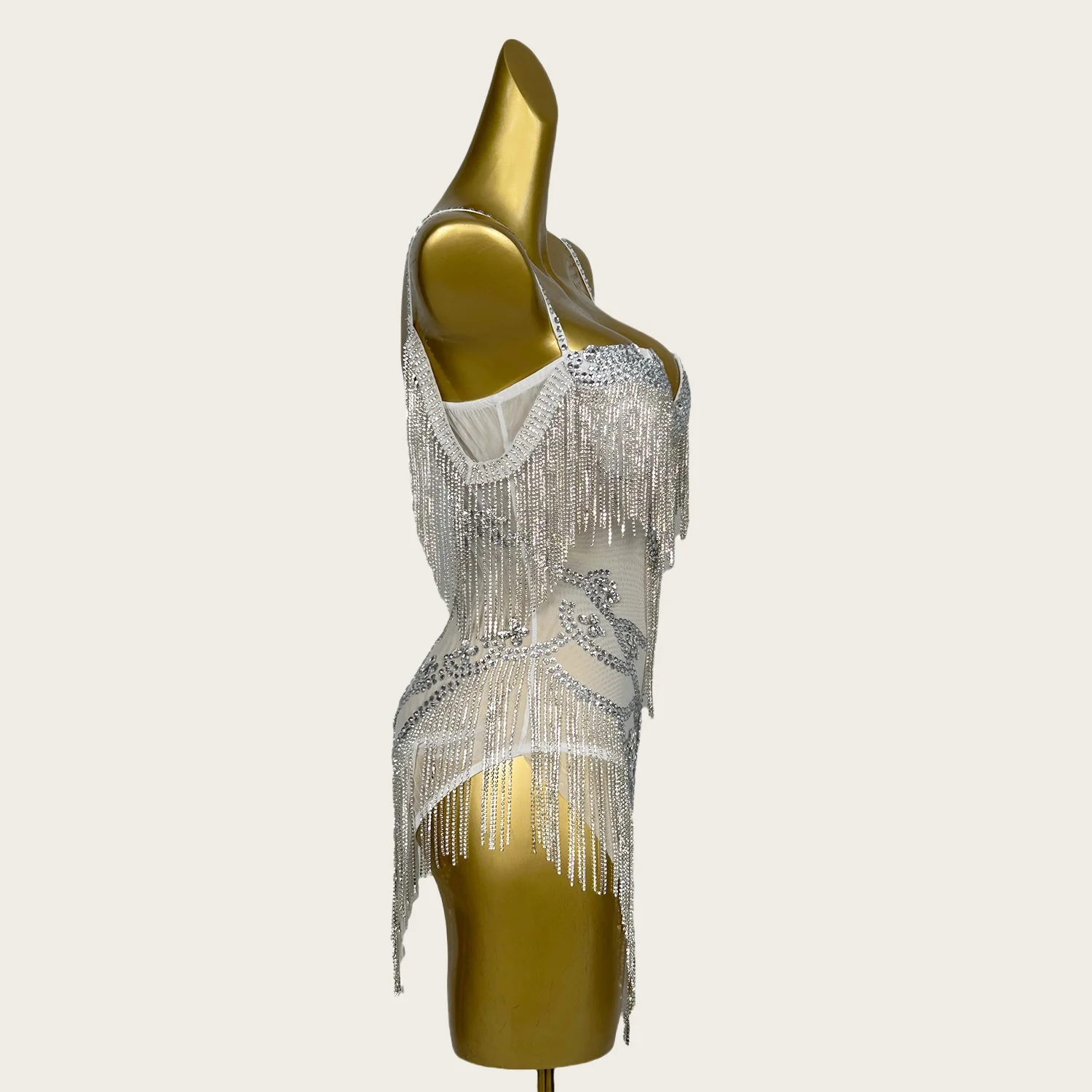 

Yelian Women Couture Luxury Sparkly Rhinestone Tassel Mini Dress Sexy Latin Dance Dress Stager Wear Cocktail Deep V Neck Dress