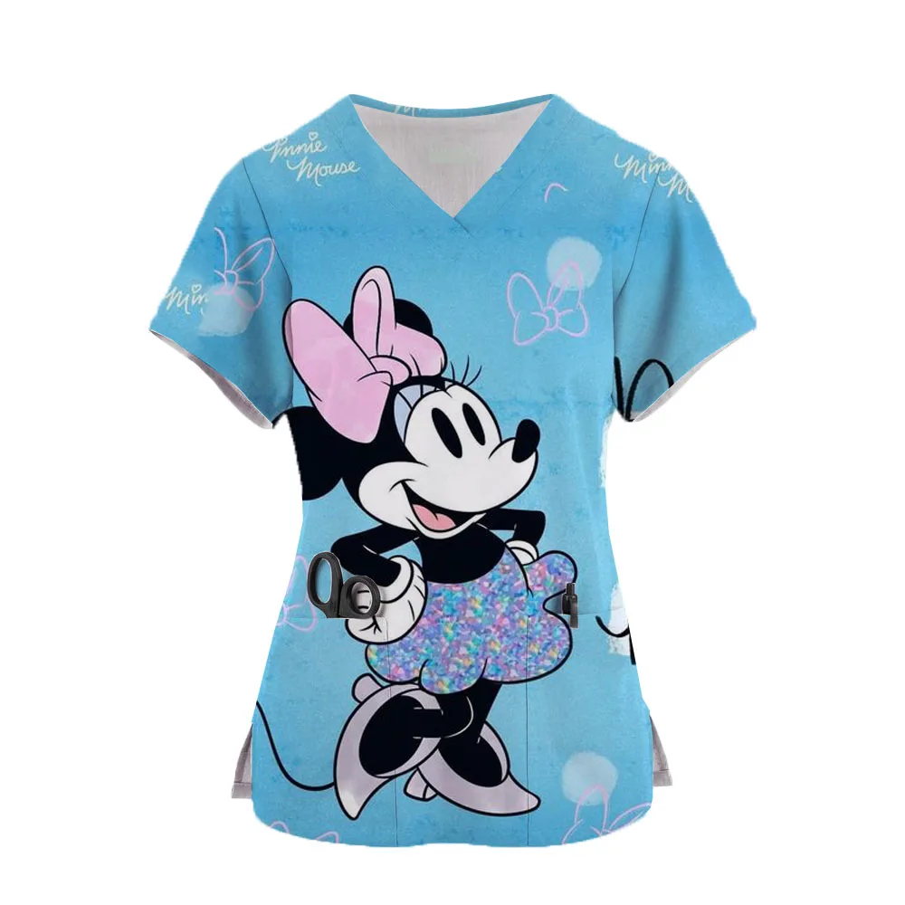 

Disney Mickey Mouse Print Nurse Uniform Women's V-Neck Pocket Medical Uniforms Minnie Nursing Scrubs Tops Workwear Uniforme ﻿