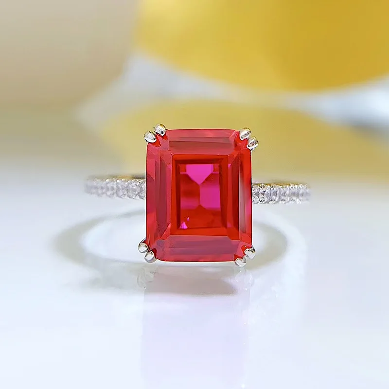 Pure Authentic 925 Sterling Silver Women Wedding Ring Engagement Emerald Cut Ruby Sapphire 10x8mm