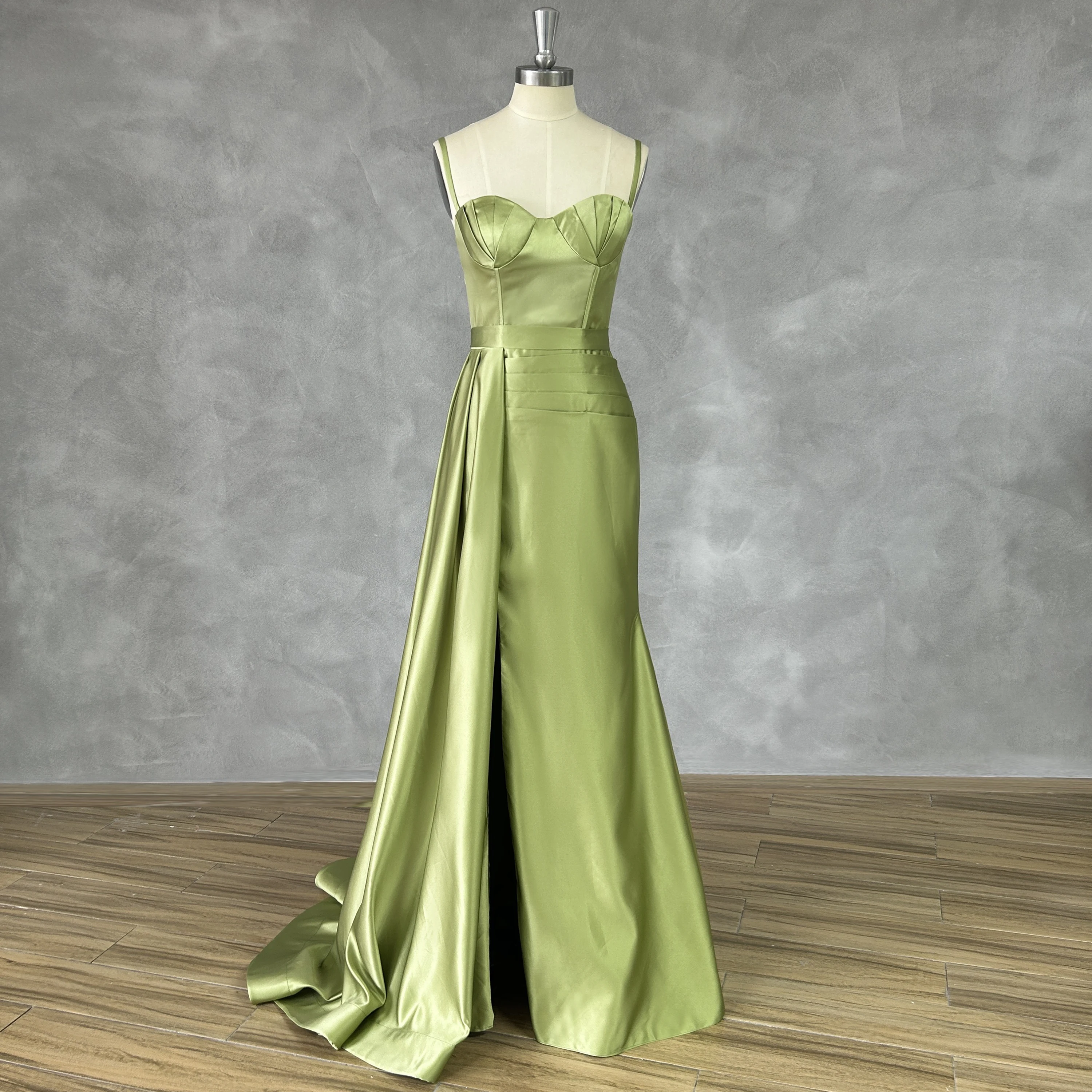 

DIDEYTTAWL Real Photos Green Sleeveless Ruched Satin Sweetheart Sheath Prom Modern Dress High Side Slit Lace Up Party Gown