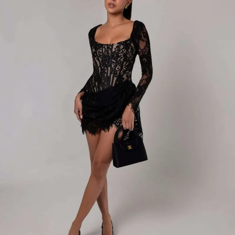 Talenza Sexy Lace High Waist Dress Women's Solid Lace Patchwork Lace Party  Dress Printed Long Sleeve Slim Evening Gown Outfits - AliExpress 200000345