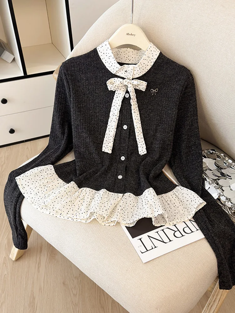 

Вязаный кардиган в горошек Bla, женский, приталенный, весна-осень, новинка, мягкий, с узлом, комплект из двух предметов, имитация...