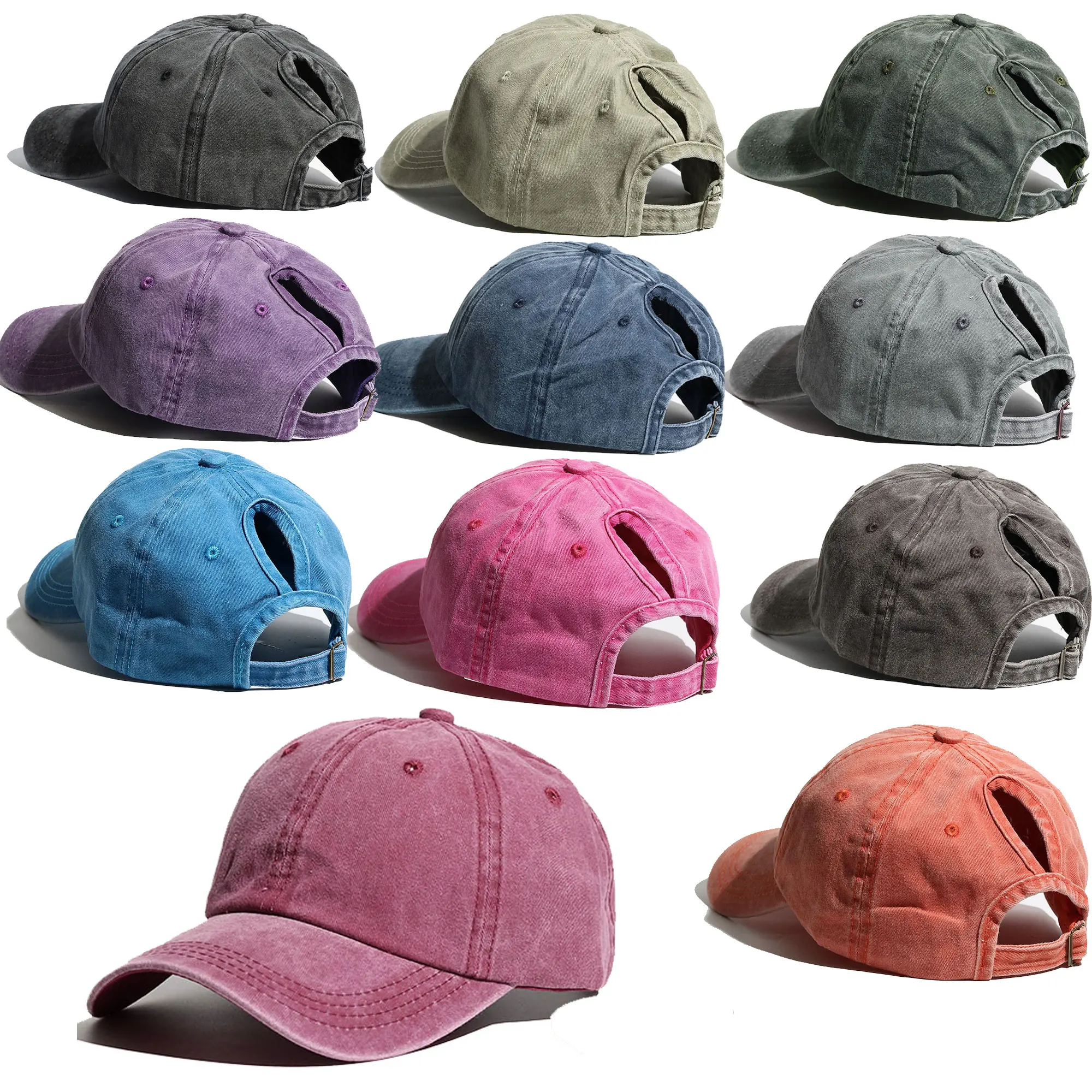 Einfache gewaschene Hole Crossing High Pferdeschwanz-Mütze für Frauen, vielseitige Baseballkappe, Soft-Top-Baseballkappe – Detail 1
