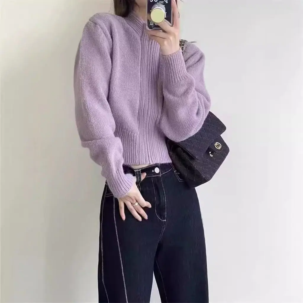 

Women's Short Knitted Cardigan Solid Color Simple Placket Pit Design Double Zipper Stand Collar Style