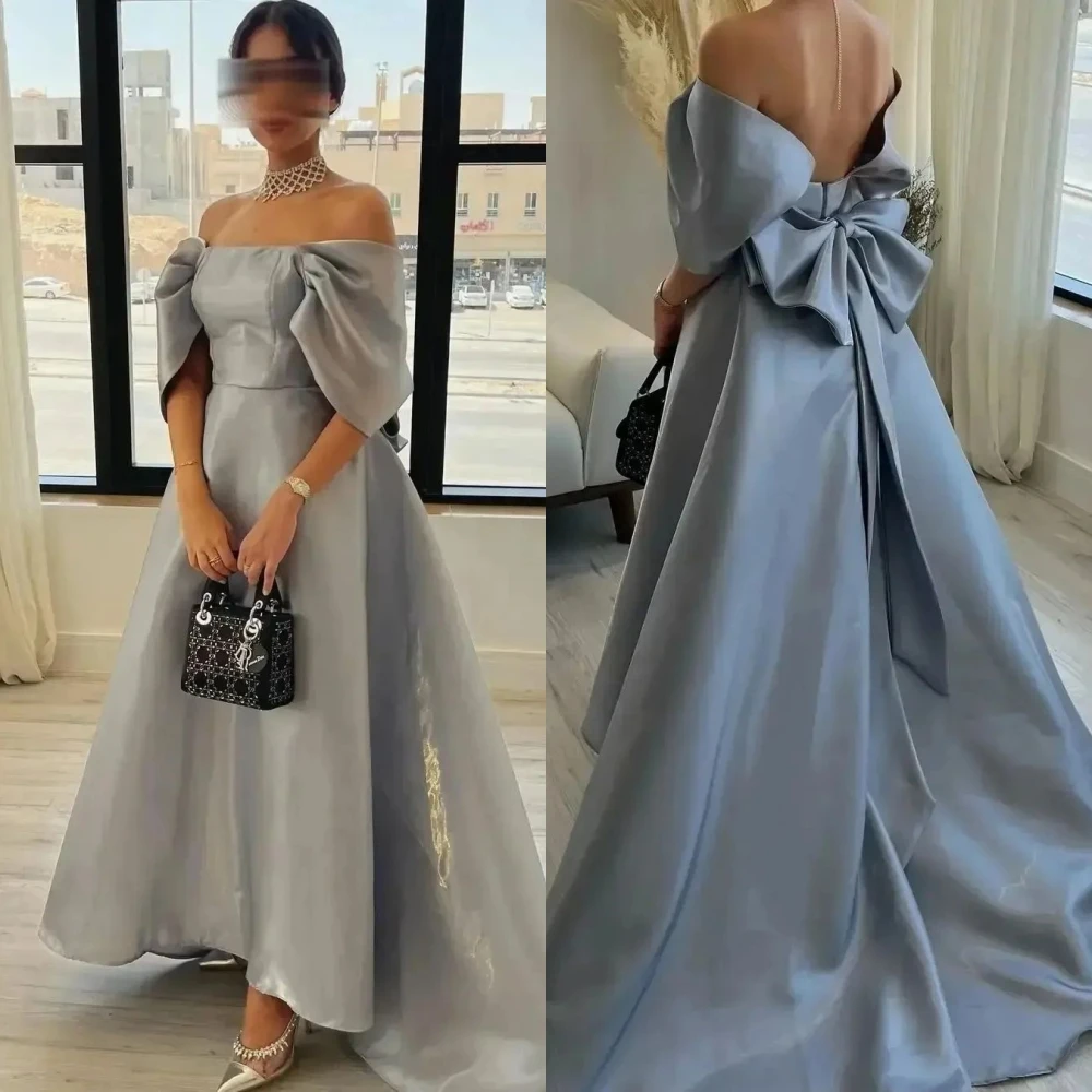 ที่กําหนดเองง่ายพรหมเซ็กซี่ Casual Off-the-shoulder Ball Gown อย่างเป็นทางการโอกาส Bows ความยาวกระโปรง Charmeuse ชุดราตรี Dres