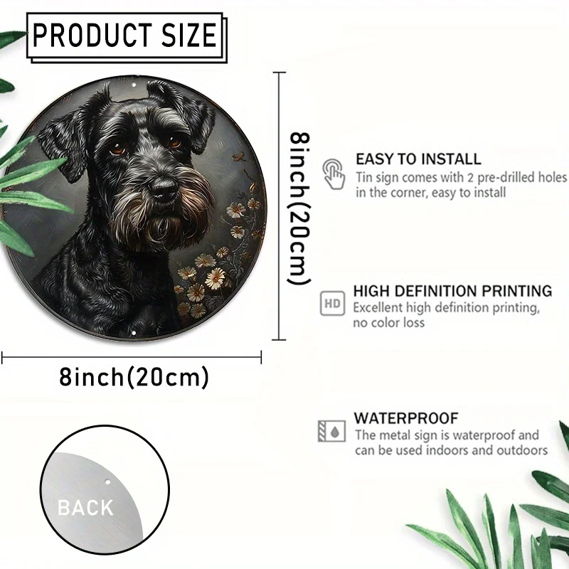 1pc 8X8Inch(20X20Cm) Round Tinplate Sign, Cute Schnauzer Wall Art Decor Tinplate, Family Garden Wall Hanging Decoration Novelty