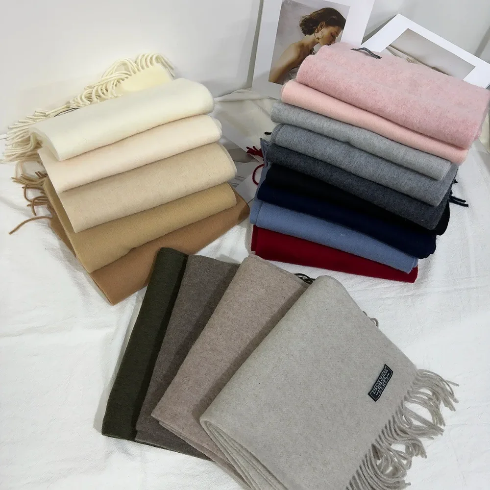 2024 Winter New 100% Wool Women's Scarf Solid Color Long Thick Warm Couple's Scarf Versatile Soft Sticky Cream White Outer shawl