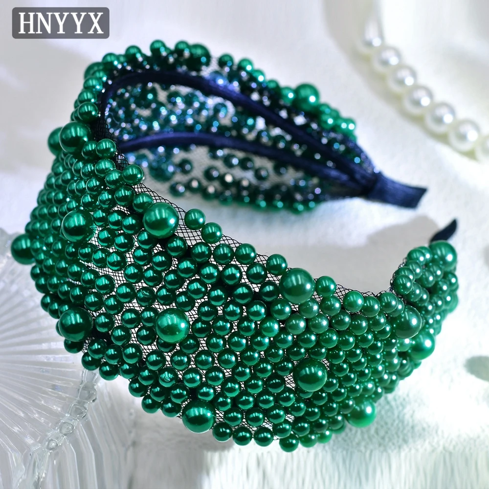 

HNYYX Pearl Headband Mesh Large Beaded Head Piece For Women Fashion Hair Accessory Party Ceremony Headwear A153-Green