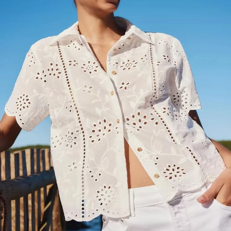 Printemps 2025 femmes Sle brodé évider ort Sve irt col montant coupe décontractée fibre de Polyester couleur Pure irt