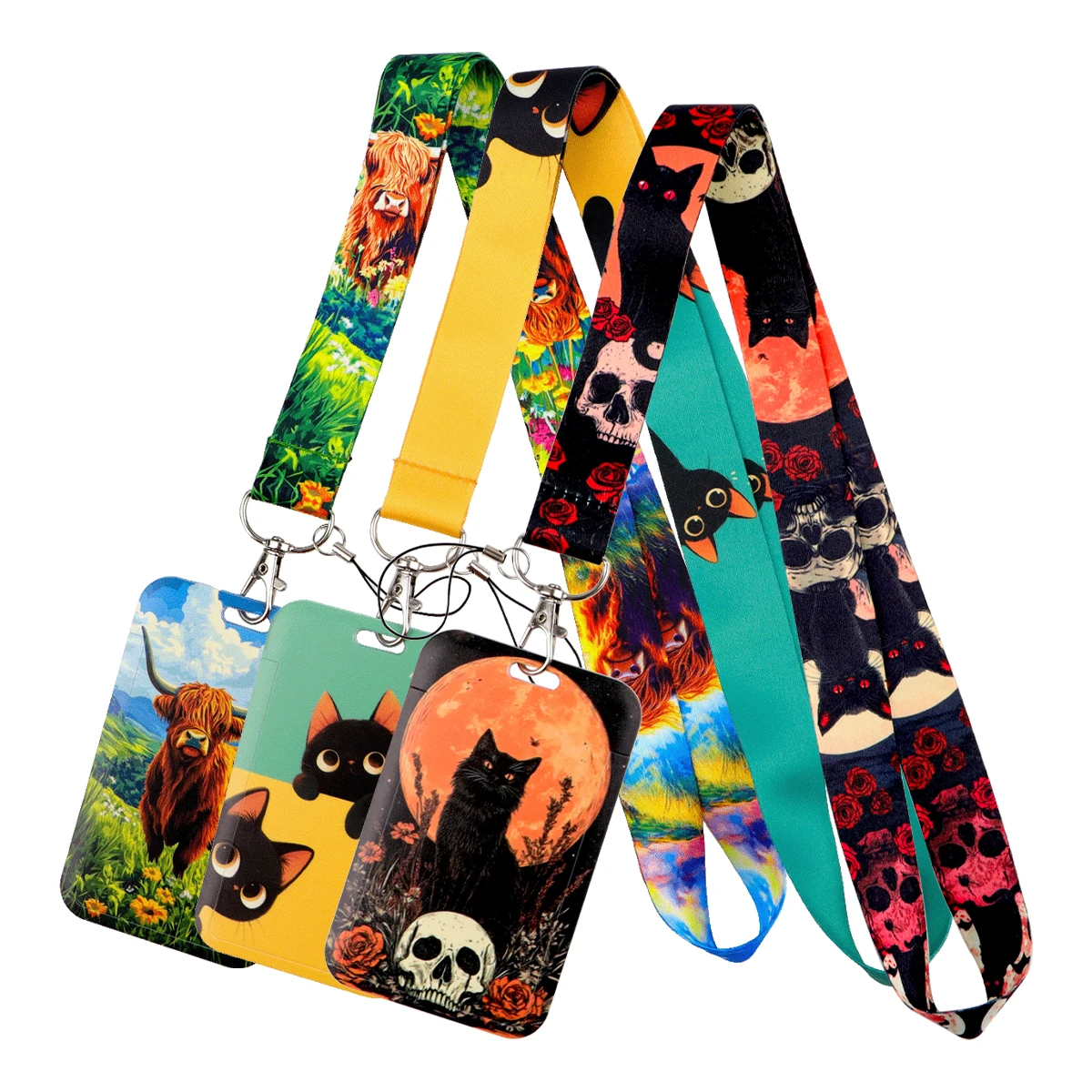 

Cute Black Cats Cartoon Lanyard Neck Strap Keychain ID Card Cover Badge Holder Mobile Phone Hang Rope Keyring Accessories Gifts