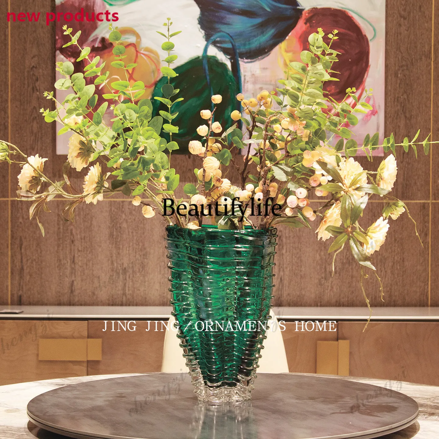 f182 Modern light luxury green large-diameter glass vase combination ornament, entrance cabinet desk vase