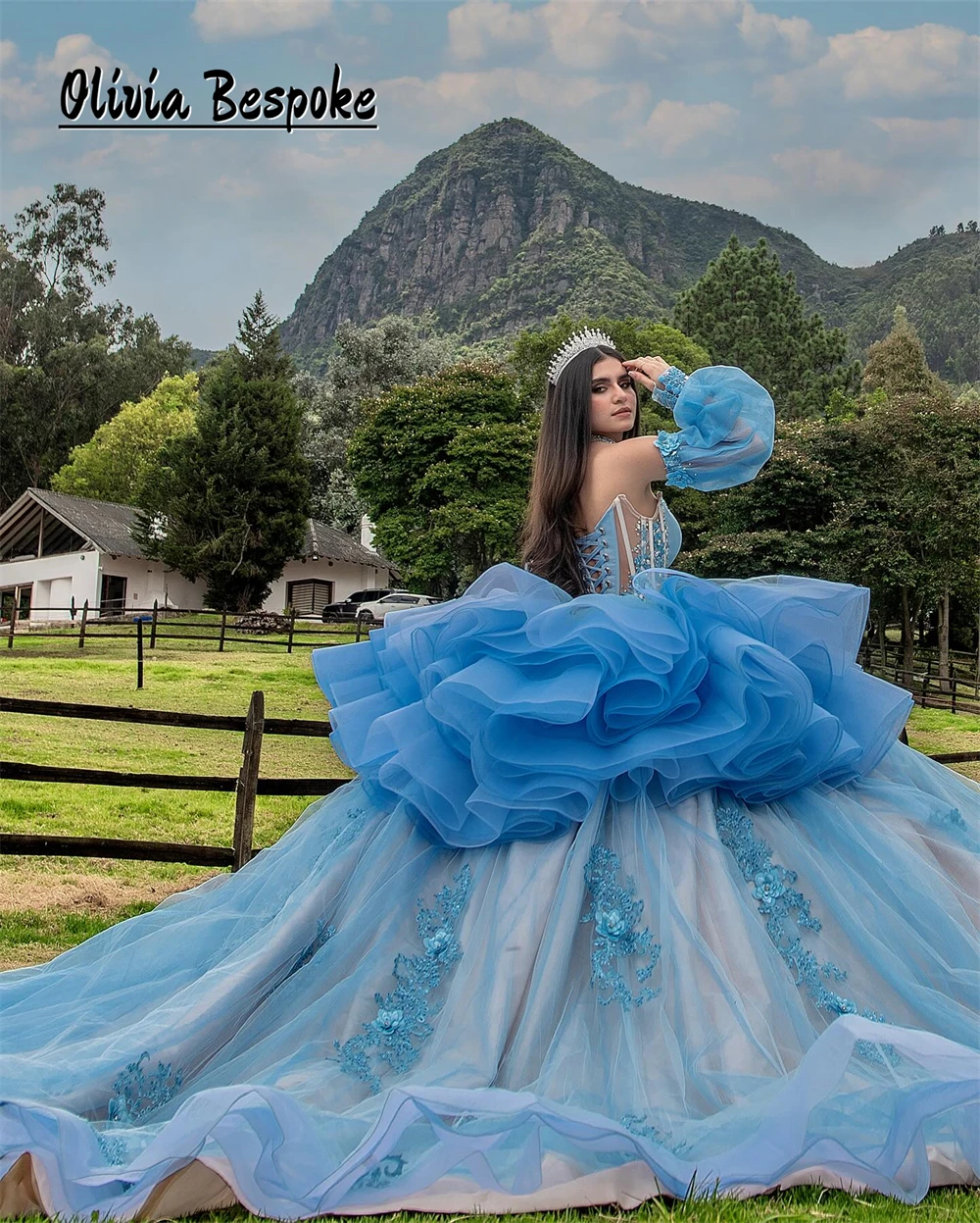 Голубое платье Quinceanera с рукавом три четверти, бусинами, аппликациями, многоярусными оборками, бальное платье на день рождения, мексиканское свадебное платье