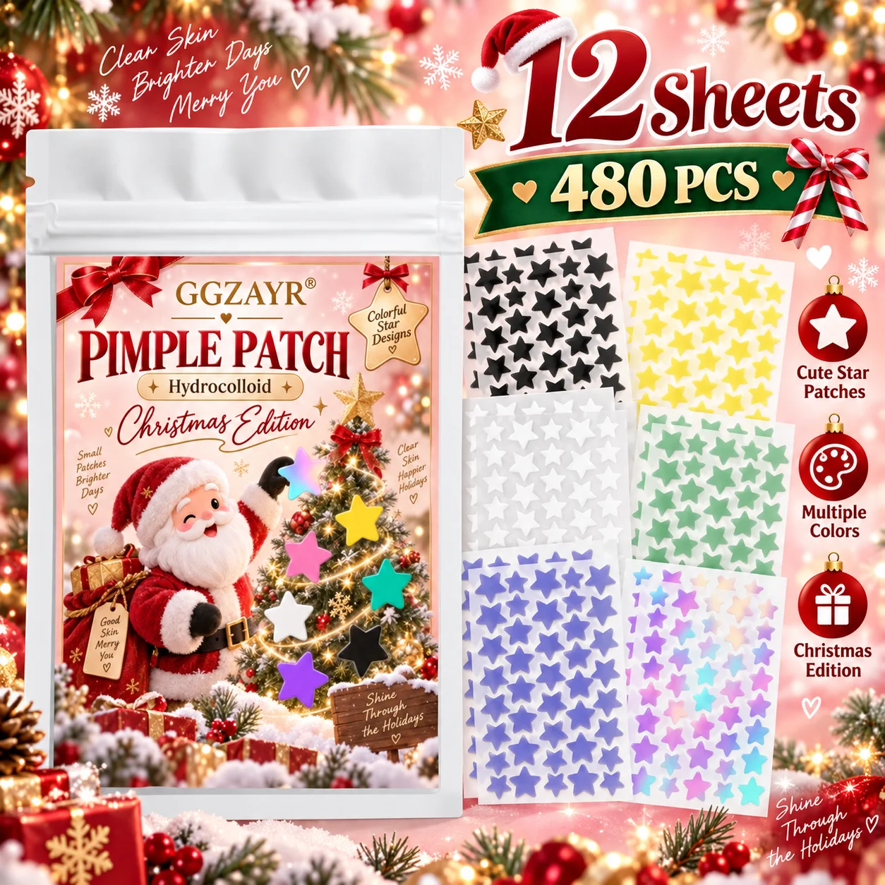 480PCS Colorful Star Pimple Patches, 12 Sheets Hydrocolloid Face Spot Stickers, Christmas Edition