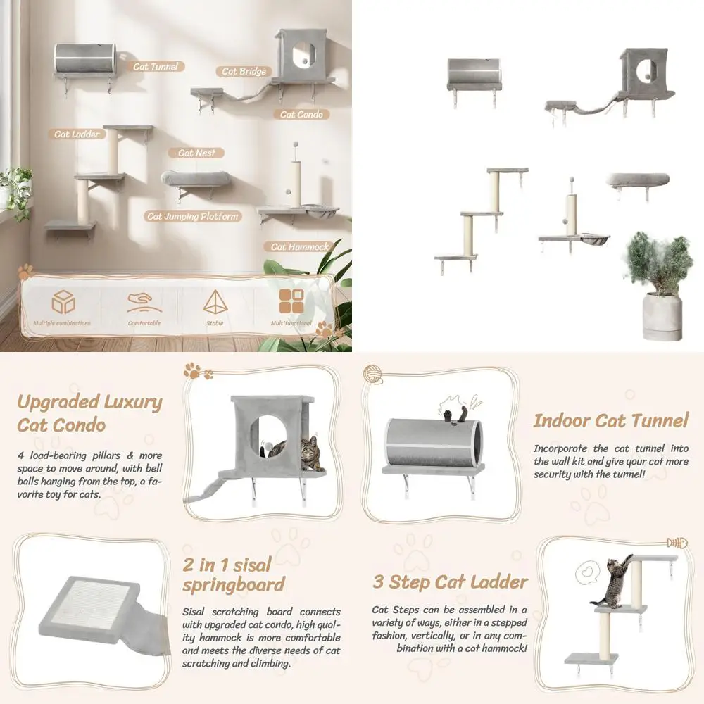 

7-Piece Wall-Mounted Cat Climbing Set with House, Tunnel, Bridge, Scratching Post, Hammock, and Shelves, Gray