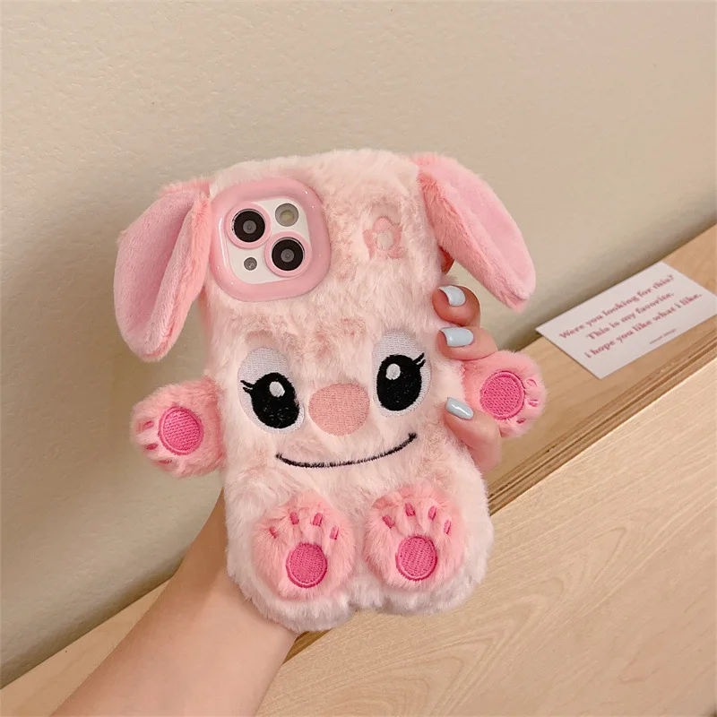 Weiche Plüsch Stich Telefon Fall Für iPhone 16 Pro Max 15 14 13 Plus 12 11 3D Cartoon Pelzigen Stich warme Pelz Haar Abdeckung Fundas