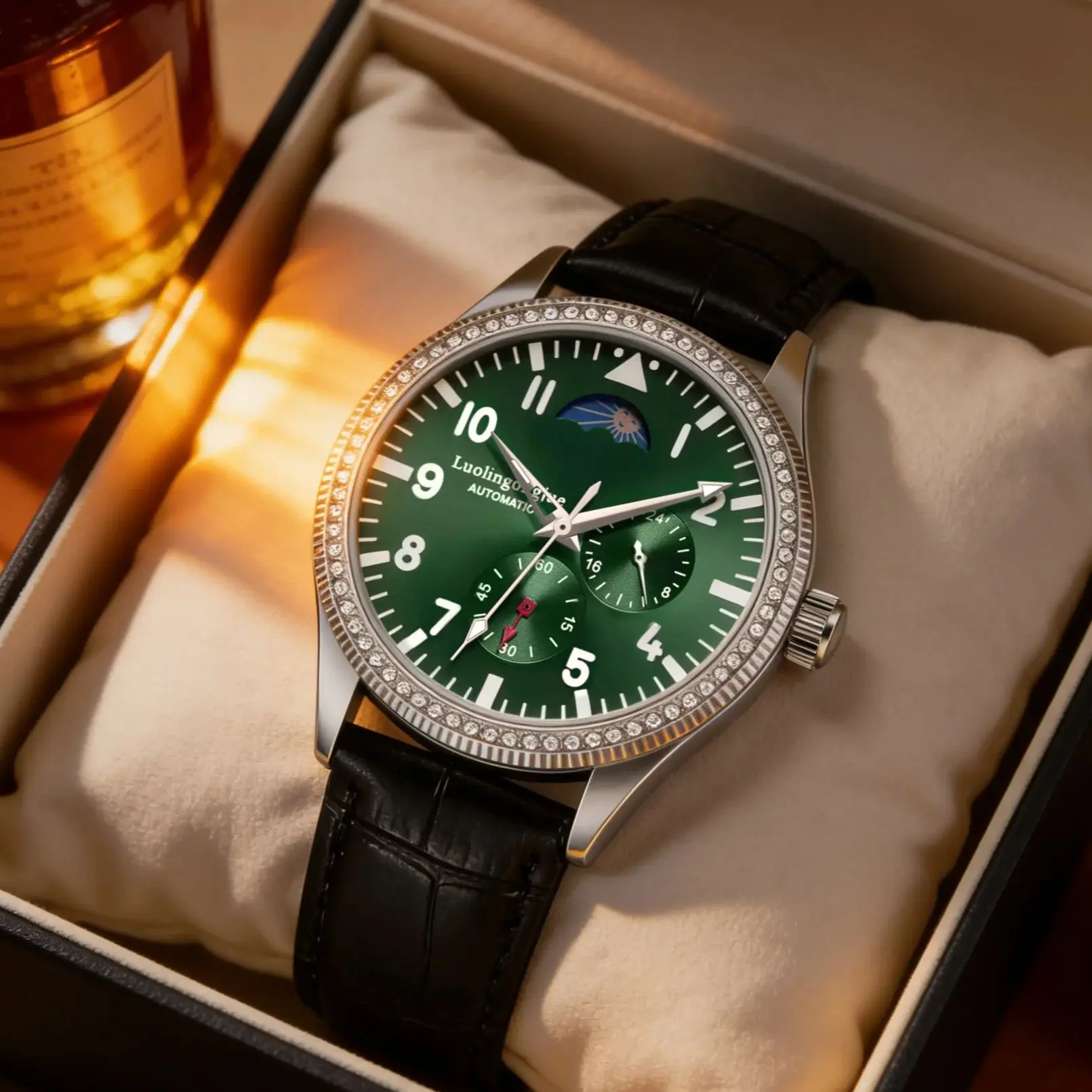 New Men's Mechanical Watch, Automatic Movement, Skeleton Design, Diamond-Encrusted Bezel, Leather Strap, Luminous Waterproof Watch, European and American Style, High Aesthetic Appeal, Business Casual, Versatile and Stylish Men's Watch, Fully Automatic Mechanical Watch, Perfect Gift Choice for Birthdays and Anniversaries