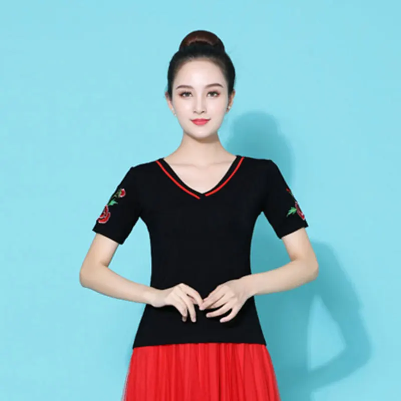 

Square Dance Clothing New Top Modal Dance Clothing Embroidered Short sleeved Dance Clothing Middle aged and Elderly Black Dance