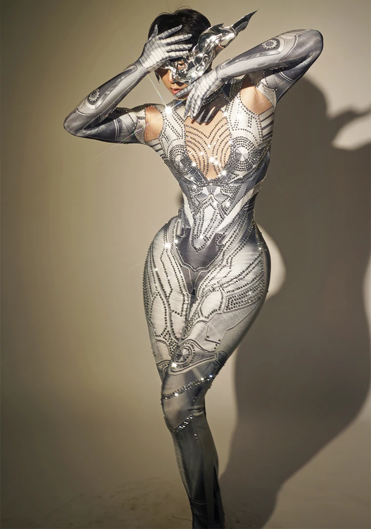 

Future Steel Warrior Elastic Costume Halloween Costume Carnival Party Shiny Silver Rhinestone Jumpsuit Ladies Gloves Gangtie
