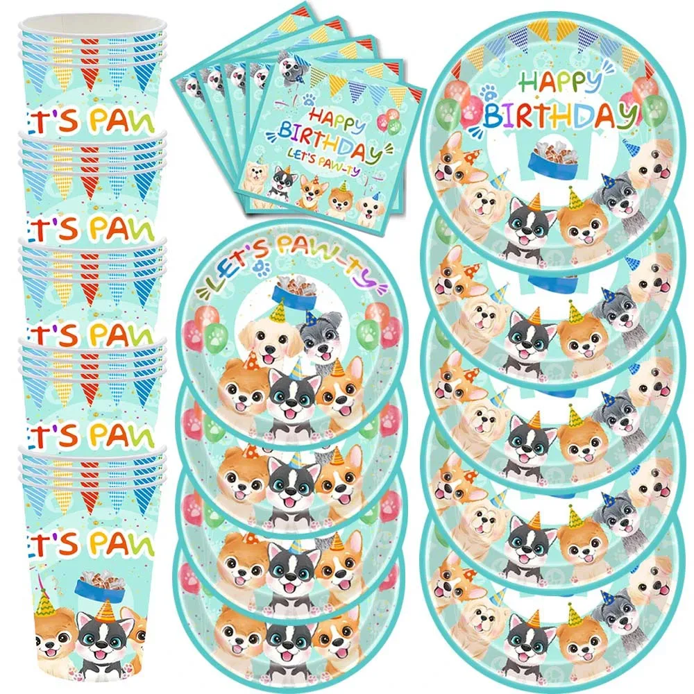 New Style Green Pet Dog Birthday Party Decorations Including Dogs Face Banner Puppy Paper Plates Cups Tablecloth Supplies Favors