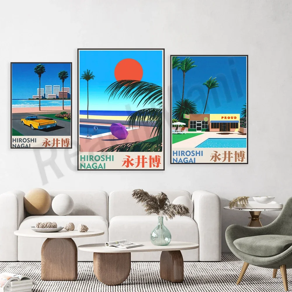 Japanese artist Hiroshi Nagai pop art, tropical atmosphere, coastline of Lovers Point, urban pop art 80s beach summer poster