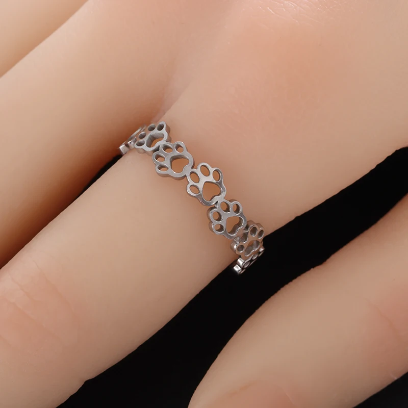 Cute and Sweet Animal Paw Print Design Stainless Steel Adjustable Size Cat and Dog Footprint Ring Suitable for Men Women Wearing