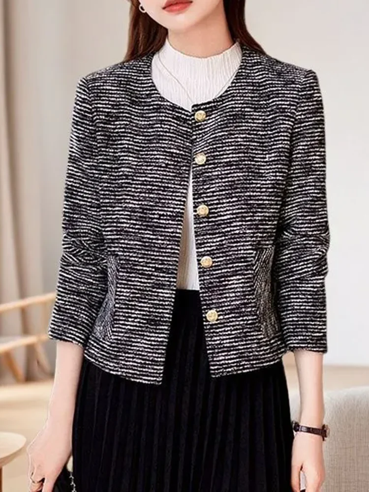 Chaquetas ajustadas con cuello redondo para mujer, ropa de abrigo recortada elegante con una hilera de botones, Chaquetas informales de manga larga a la moda coreana, primavera y otoño