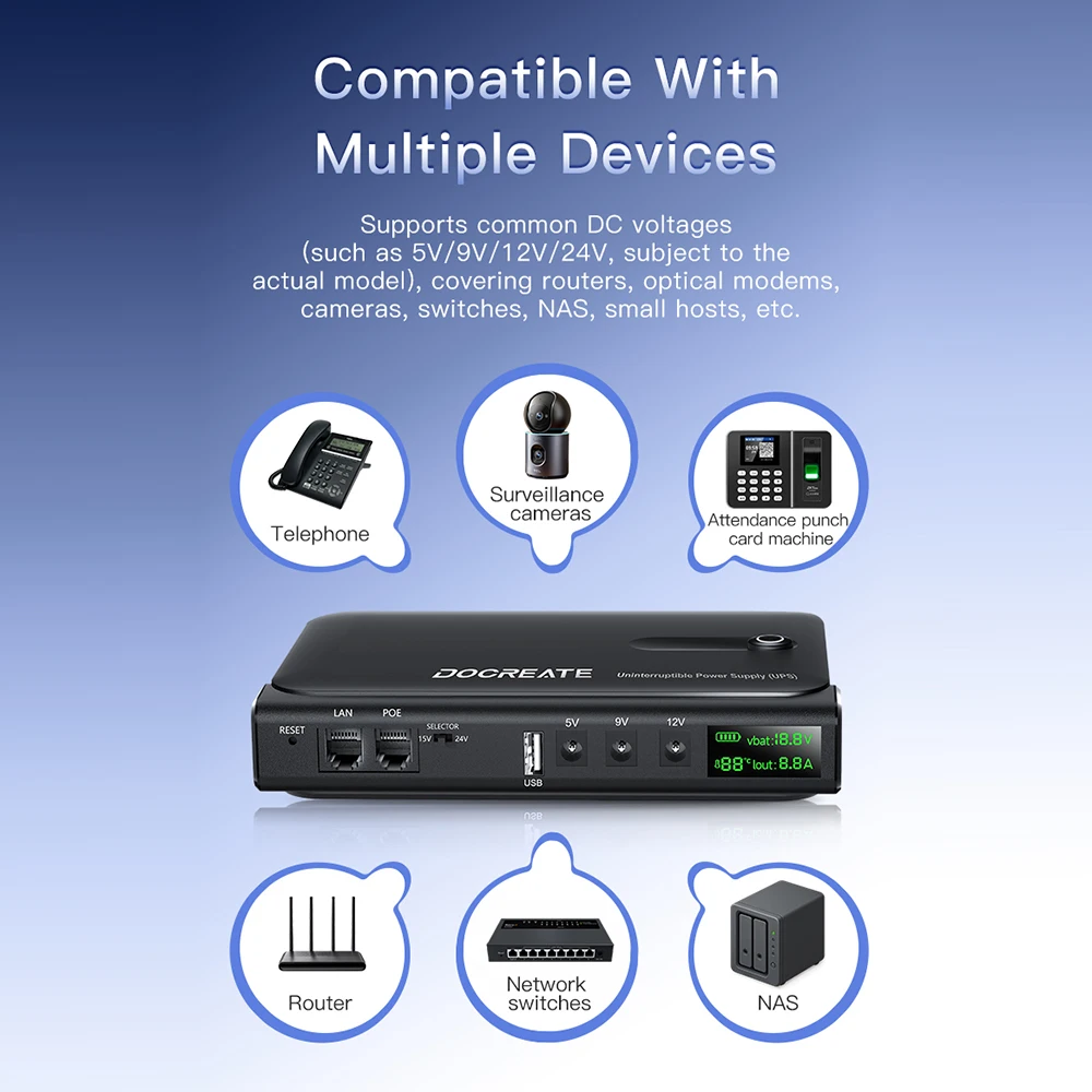 Tragbare USV-Notstromversorgung Unterbrechungsfreie Stromversorgung DC1018L DC1036L 5V-24V Ausgang 18650 Austauschbarer Akku für WLAN, Router – Detail 10