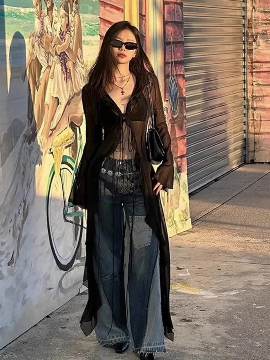 Dark Sexy Girl See-through Long Sleeve Wrap Cardigan Thin Lightweight Spring Summer Lace Shirt Korean Style Slim Fit V-neck