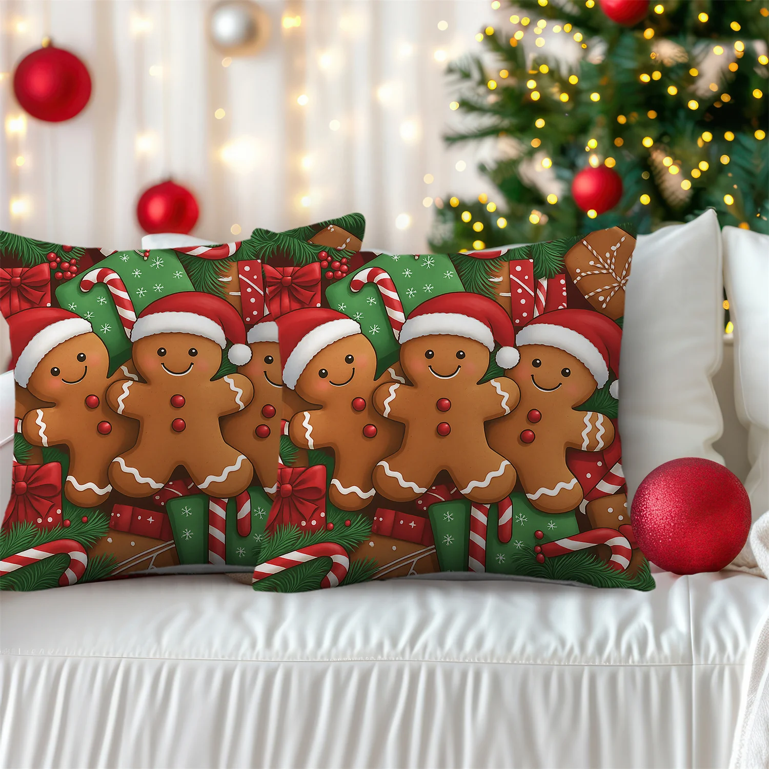 2pcs Gingerbread for Man Santa Hat Candy Buttons Christmas Throw Pillow Covers Gift Boxes Pine Berries Winter Festival