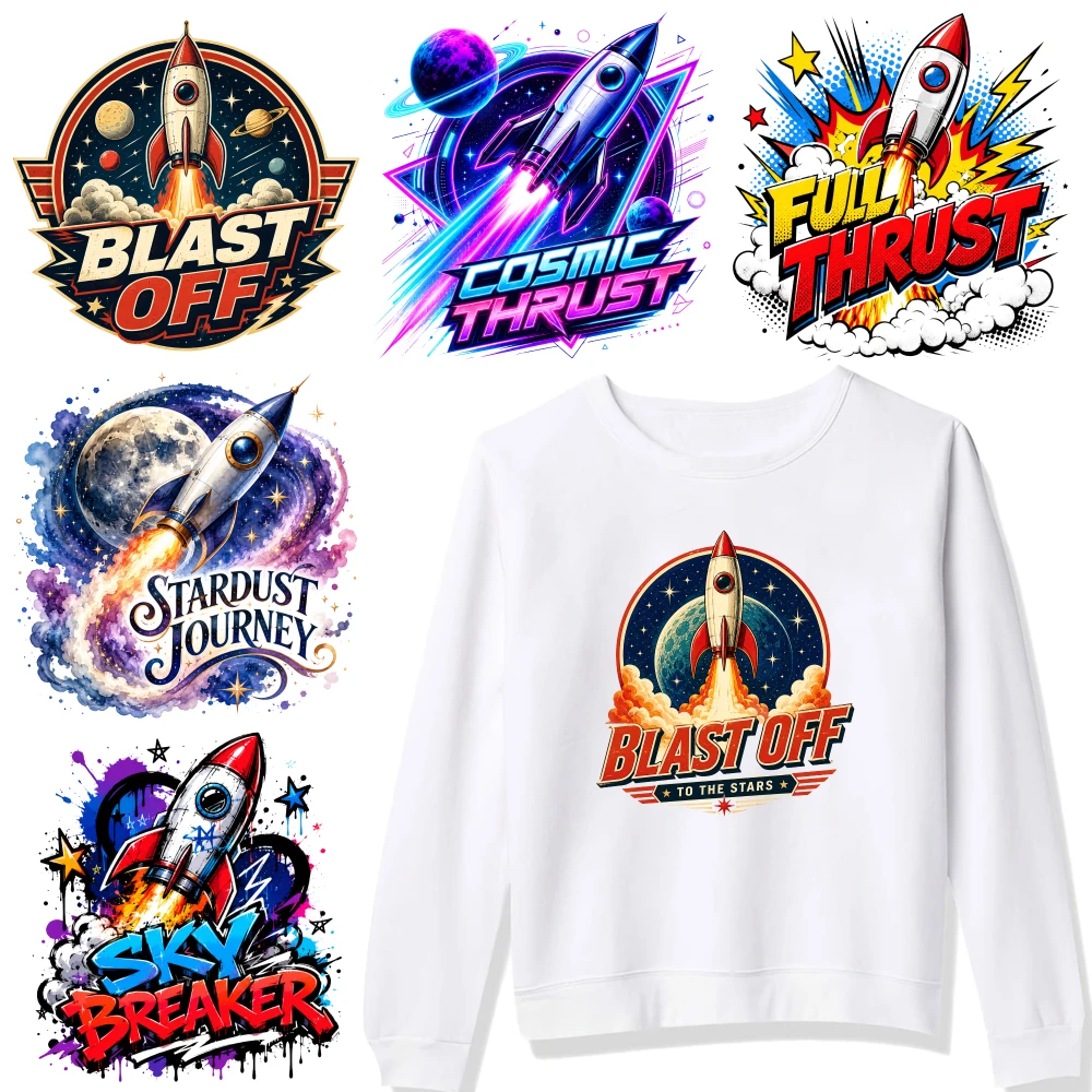 6 Pcs Blast Off Iron on Transfers Washable heat transfer stickers Press Washable Stickers Easy to heat press decals iron on