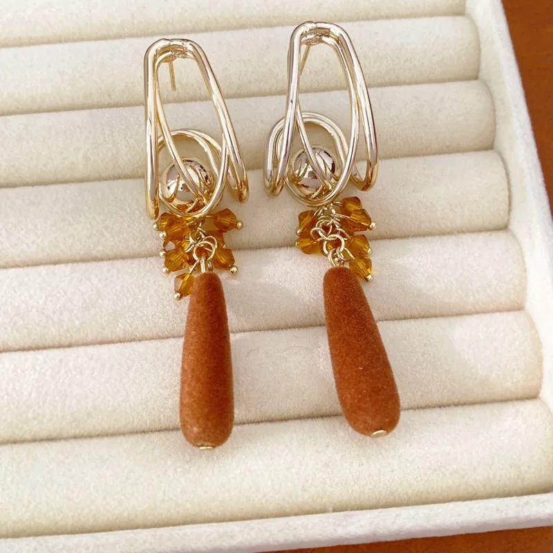 Vintage Maillard Flocking Water Drop Dangle Earrings Metal Loop Glass Beads Long Earrings For Women Autumn Jewelry Gift