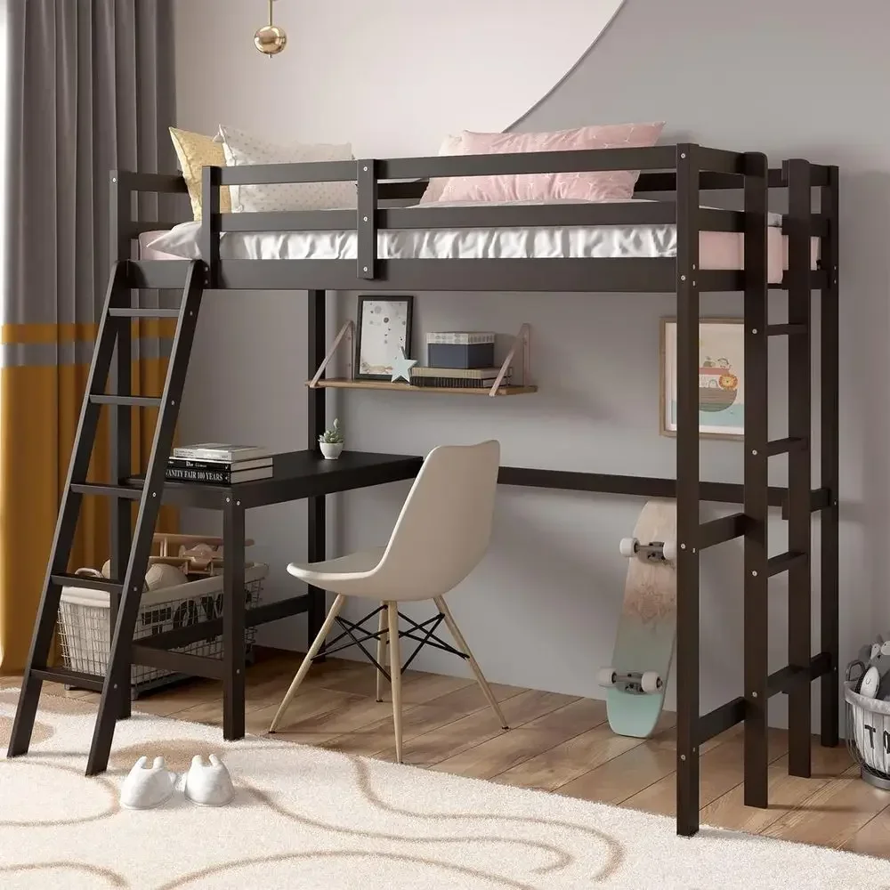 Twin Size Wooden Loft Bed with Guardrail and Double Ladders, Suitable for Kids, Teens, and Adults, Space-Saving, Easy to Assembl