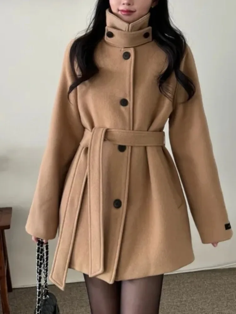 

Шикарное зимнее шерстяное пальто, женское свободное пальто с высоким воротником и одной пуговицей, теплое пальто в Корейском стиле, длинное свечение