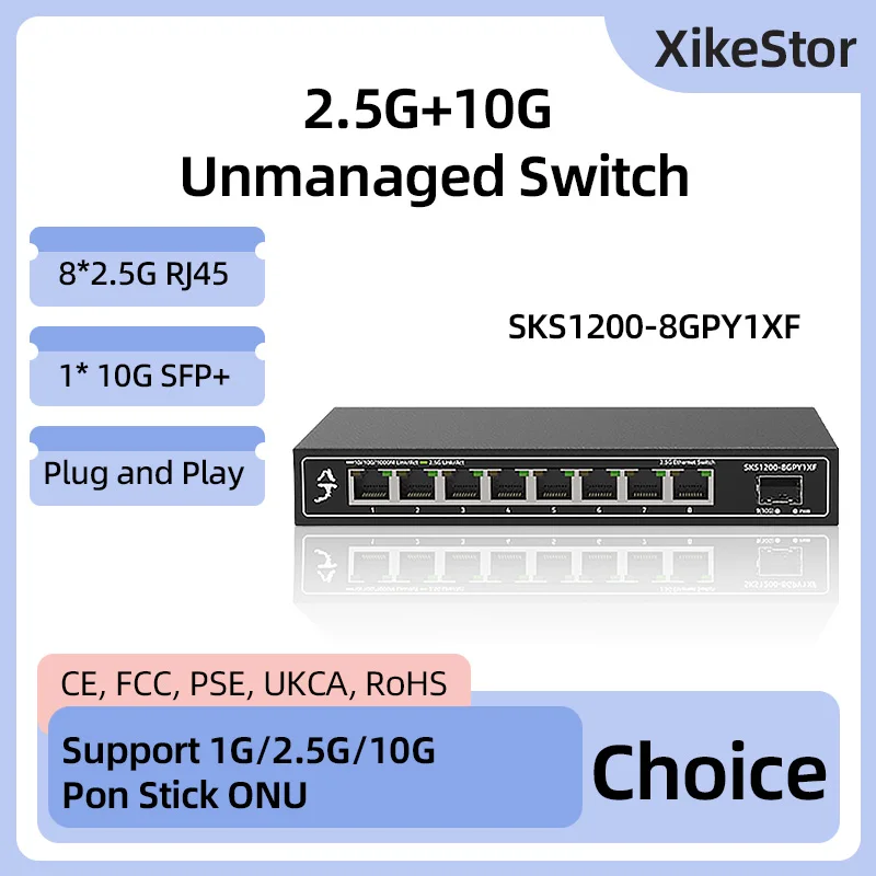 

XikeStor Многогигабитный 8-портовый 2,5G RJ45 Неуправляемый 1-портовый 10G SFP+ Ethernet Plug and Play