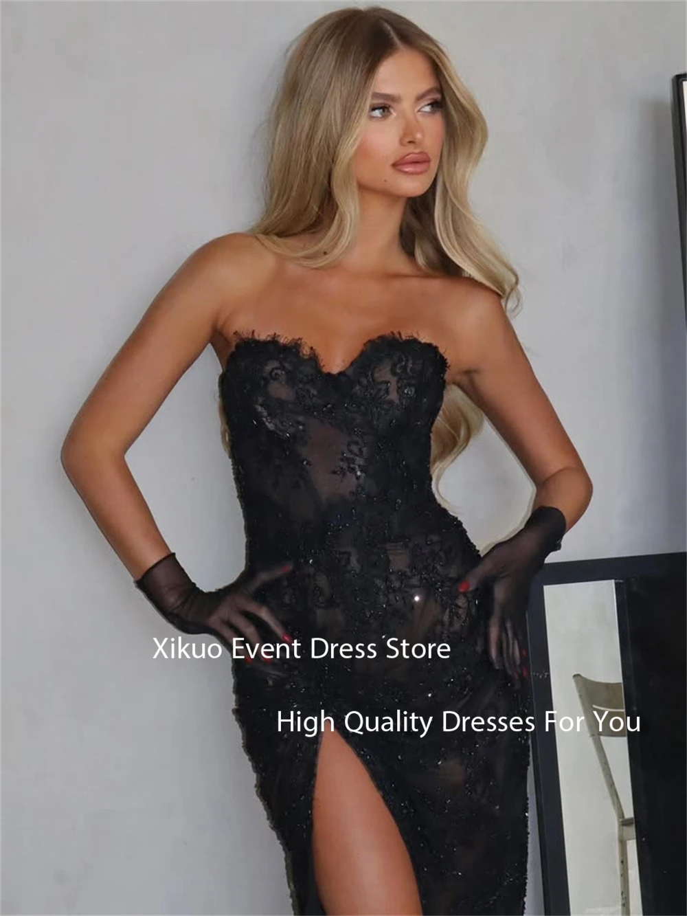 Xikuo Elegant Black Lace Evening Dress Mermaid Appliques Party Prom Gowns Sweetheart High Side Slit Robe De Soirée Customized